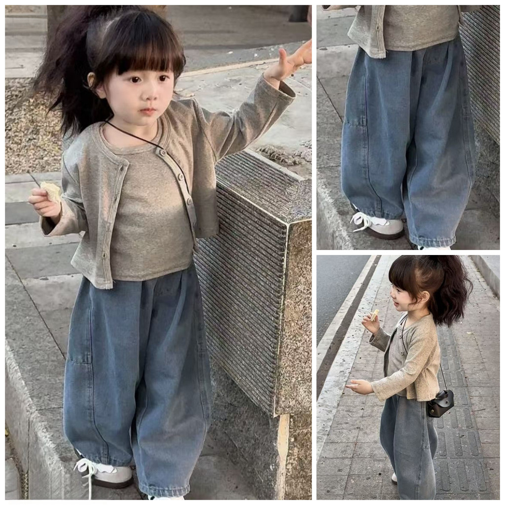 [Grojoy] (คลังสินค้าพร้อม) ฤดูใบไม้ร่วงสาวกางเกงขากว้าง 2025 แฟชั่นกางเกงยีนส์ลําลอง GRL148 #