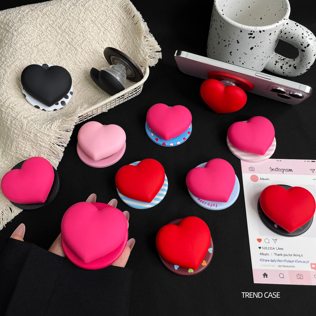 น่ารัก 3D Heart Magnetic Griptok ที่วางโทรศัพท์รองรับสําหรับ iPhone Samsung เคสพับได้ซิลิโคนขาตั้ง
