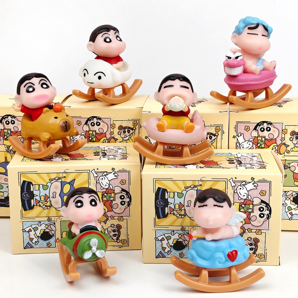 6 ชิ้น/เซ็ต 7 ซม.Crayon Shin-chan โยกม้าไม้เครื่องบิน Nohara Shiro รุ่น Q PVC Action Figures คอลเลกชันตุ๊กตาของเล่นคริสต์มาสของขวัญ