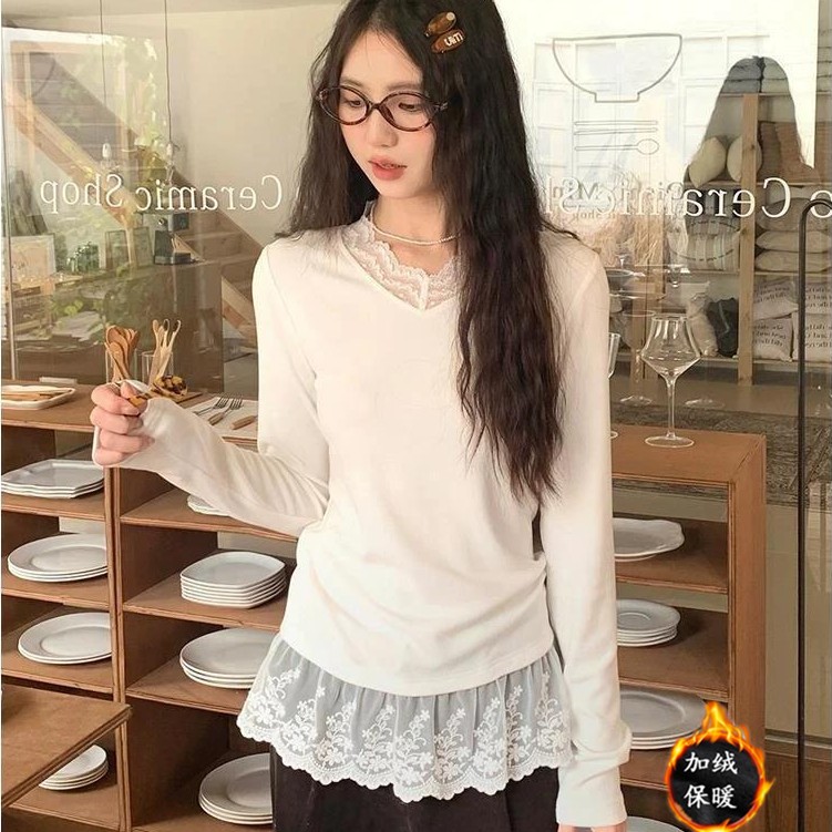 【WJZ】ผู้หญิงเกาหลีแฟชั่นลูกไม้เย็บแขนยาวกํามะหยี่เยอรมันแขนยาวเสื้อยืด【T7870】