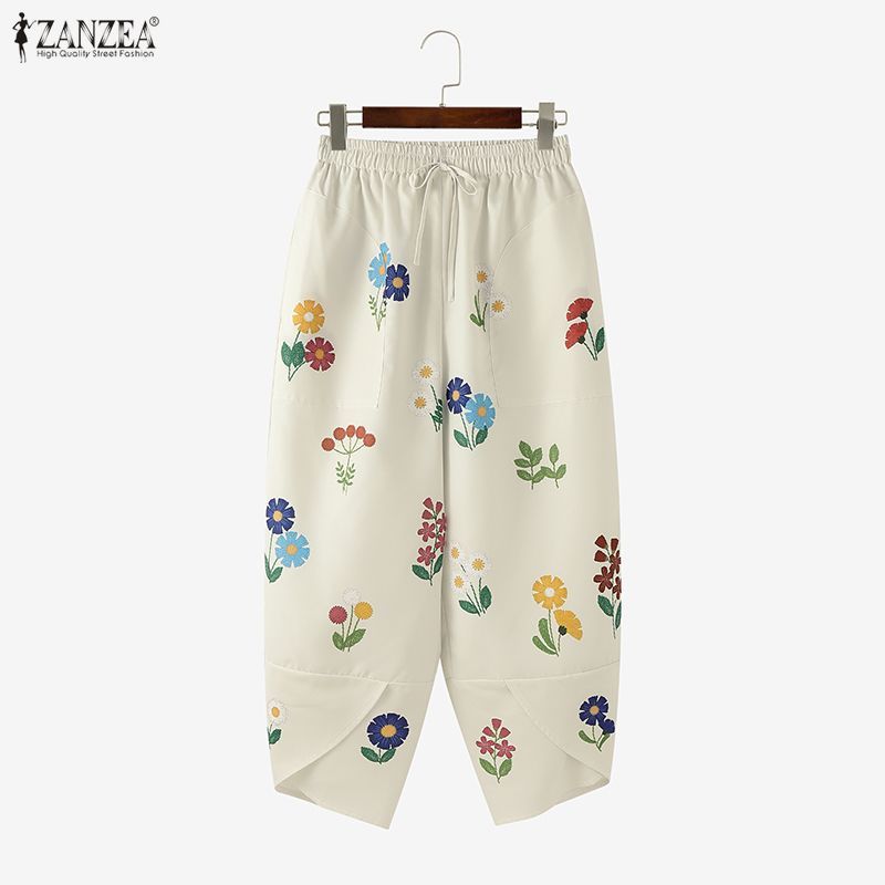 กางเกงขากว้างสไตล์เกาหลี ลายพิมพ์ดอกไม้ สไตล์ย้อนยุค ผู้หญิง สายรัดเอวและเชือกรู