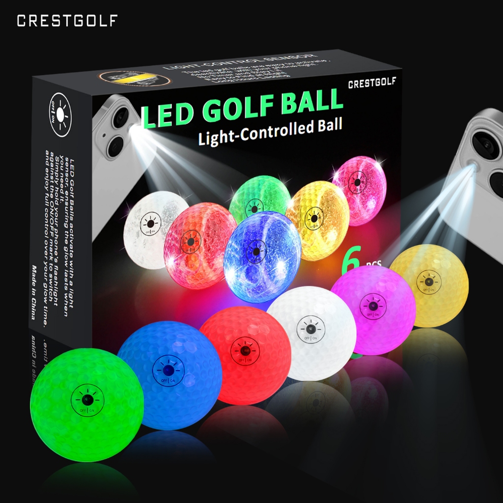 CRESTGOLF Night Glow Golf Ball - Six Color Golf Ball Activated by Light - Six Fluorescent Golf tees - Used for Night Sports - Fun Golf Gifts for Men and Women