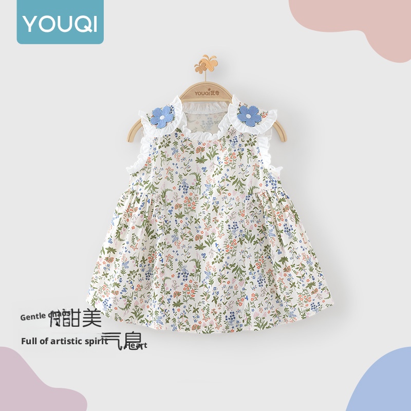 ชุดกระโปรงลายดอกไม้สำหรับทารกจากคุณฉี สำหรับวัยแรกเกิดถึงสองขวบ ชุดฤดูร้อนในสไตล์เจ้าหญิง