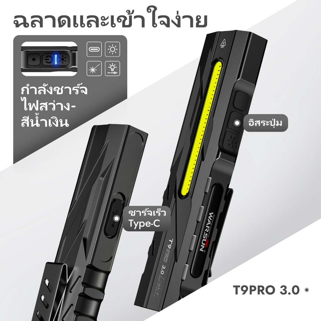 WARSUN T9 Pro ไฟฉาย EDC ชาร์จได้ UV+เลเซอร์แดง แม่เหล็ก+คลิป สำหรับแคมป์ปิ้ง ตกปลา ตรวจสอบ