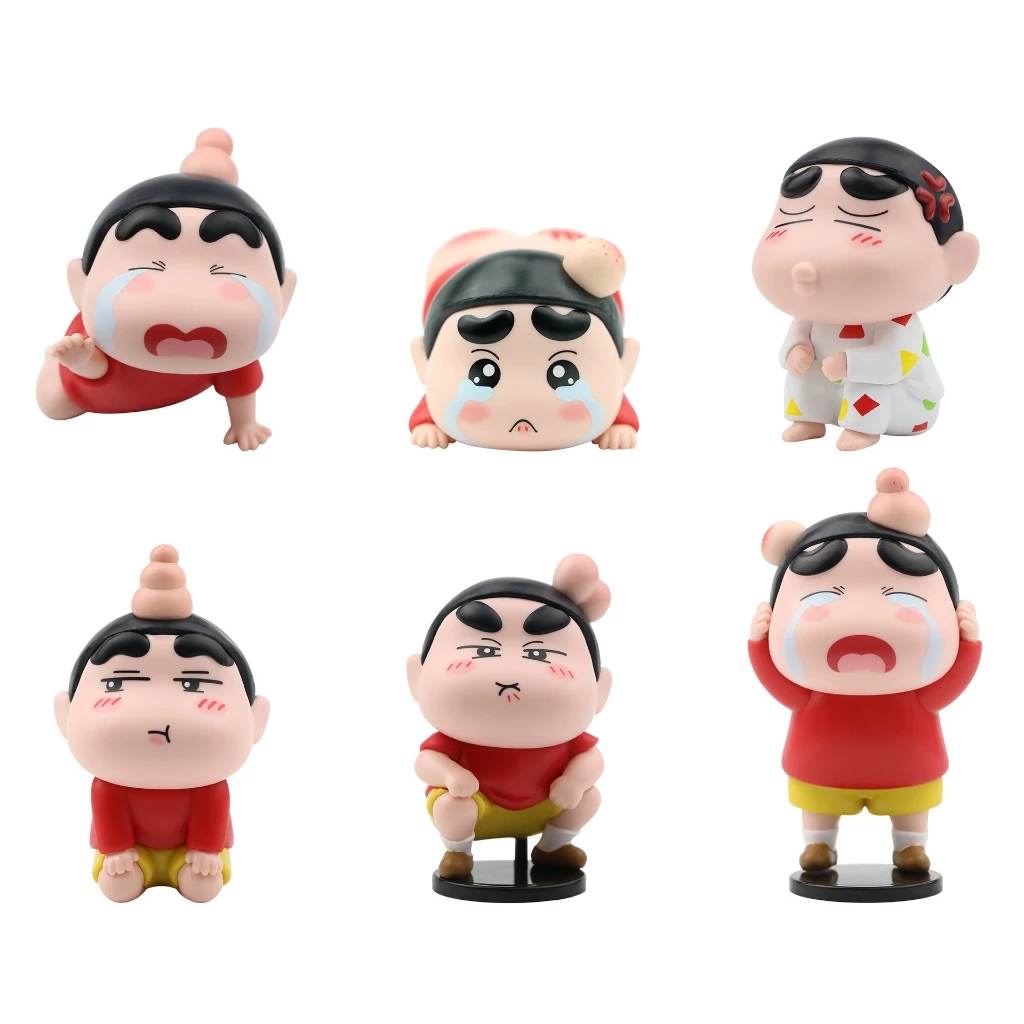 6 ชิ้น/เซ็ต 4-8 ซม.การ์ตูนอะนิเมะน่ารัก Emo Crayon Shin-chan รับ Beaten Nohara Shinnosuke รุ่น Q รถตกแต่ง PVC Action Figures ตุ๊กตาของเล่น