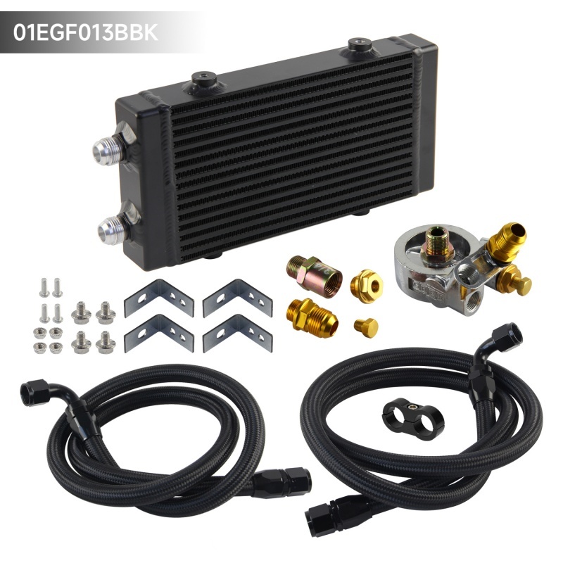 Small Dual Pass Bar & Plate Oil Cooler w/80 Deg Thermostatic Filter Adapter Hose Kit สีดํา