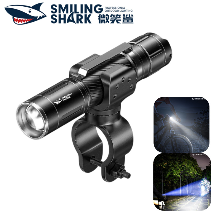 SMILING SHARK LED ไฟฉายจักรยาน ส่องสว่างมาก 3 โหมด การชาร์จ type-C แบตเตอรี่ 18650 กันน้ำ เหมาะสำหรับการขับขี่ในเวลากลางคืนและกลางแจ้ง