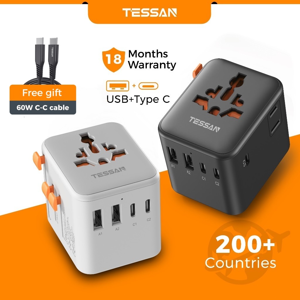 TESSAN Universal Travel Adapter 17W/20W/28W/35W/65W/100W หัวแปลงปลั๊กไฟ มาพร้อม ช่อง USB-C และ USB-A