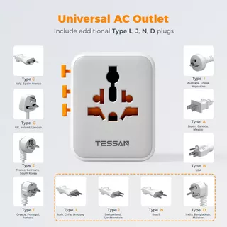 TESSAN Universal Travel Adapter อะแดปเตอร์ปลั๊กสำหรับการเดินทางทั่วโลกพร้อมพอร์ต USB A และ 3 พอร์ต USB C