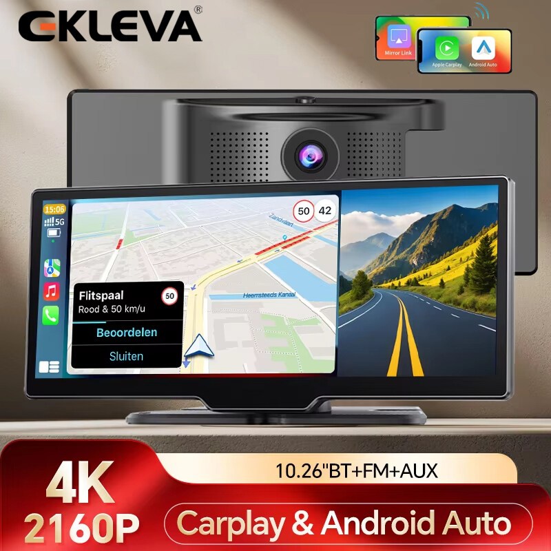 EKLEVA 4K 10.26" รถ DVR เลนส์คู่ Dash Cam Mirror รองรับ Carplay Android Auto WIFI