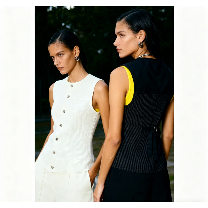 Thesummernade Dean Round Neck Linen Vest เสื้อกั๊กคอกลมตัดต่อตะเข็บตกแต่งด้วยกระดุมโลโก้ TS233