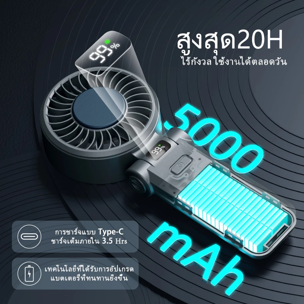 UCLOUDSOME พัดลมมือถือ พัดลมมินิ พัดลมทําความเย็นแบบพกพา 5000mAh แบบพับได้ ทํางานเงียบ 5 เกียร์ลมแรง thumbnail 6