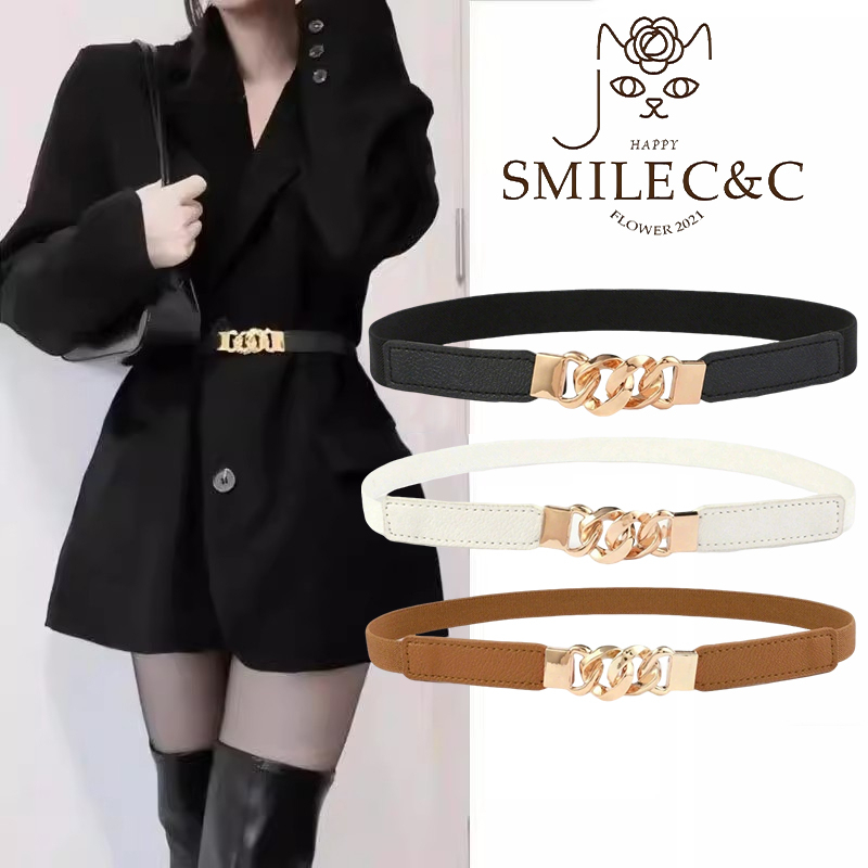 SmilefairyCC 【COD & พร้อมส่ง】เข็มขัดรัดเอวแบบยืดหยุ่นพร้อมหัวเข็มขัดจับโซ่สำหรับตกแต่ง