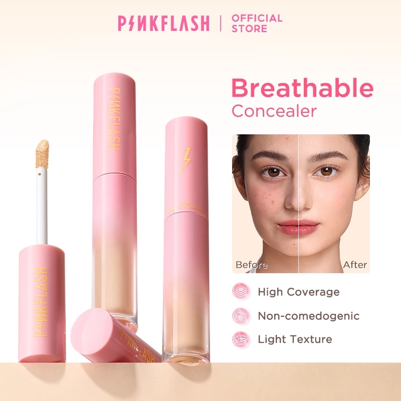 PINKFLASH HD Flawless Burden-free Long-lasting Liquid คอนซีลเลอร์แปรงฟองน้ําเครื่องมือ Breathable Moisturize Long-Wear Non-cakey Creasless 5 เฉดสี PF-F04