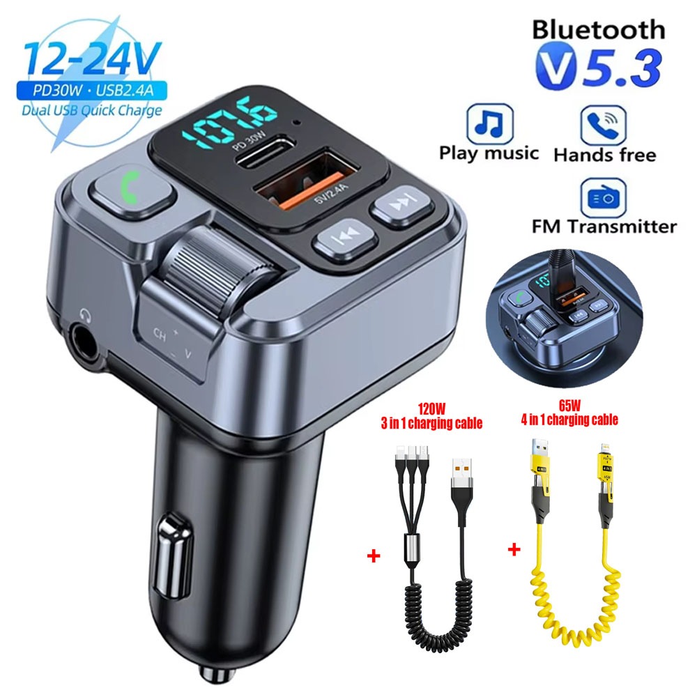 30W PD Fast Charging Car Charger บลูทูธ 5.1 รถเครื่องส่งสัญญาณ FM รถ MP3 สเตอริโอเครื่องเล่นเพลงแฮนด์ฟรี 3.5 มม.Aux Wireless Car Kit
