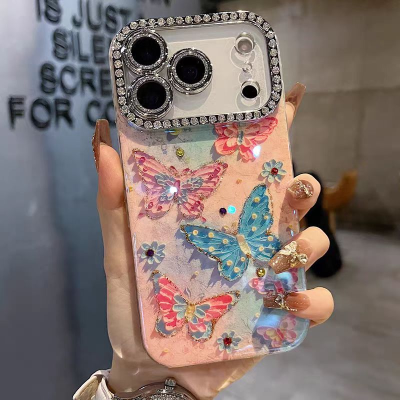 ฟิล์มเลนส์ประกาย/เคสแข็งผีเสื้อสีสันสดใสเข้ากันได้กับ iPhone 13 14 pro max 15 pro max 16 pro max 17 pro max case