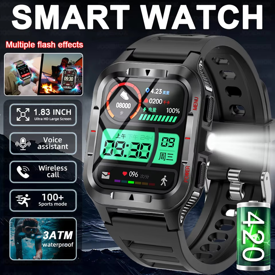 ทหารเกรด SmartWatch ผู้ชายไฟฉาย LED กันน้ํากีฬาฟิตเนส Tracker สุขภาพ Monitor BT Call Smartwatch สําห