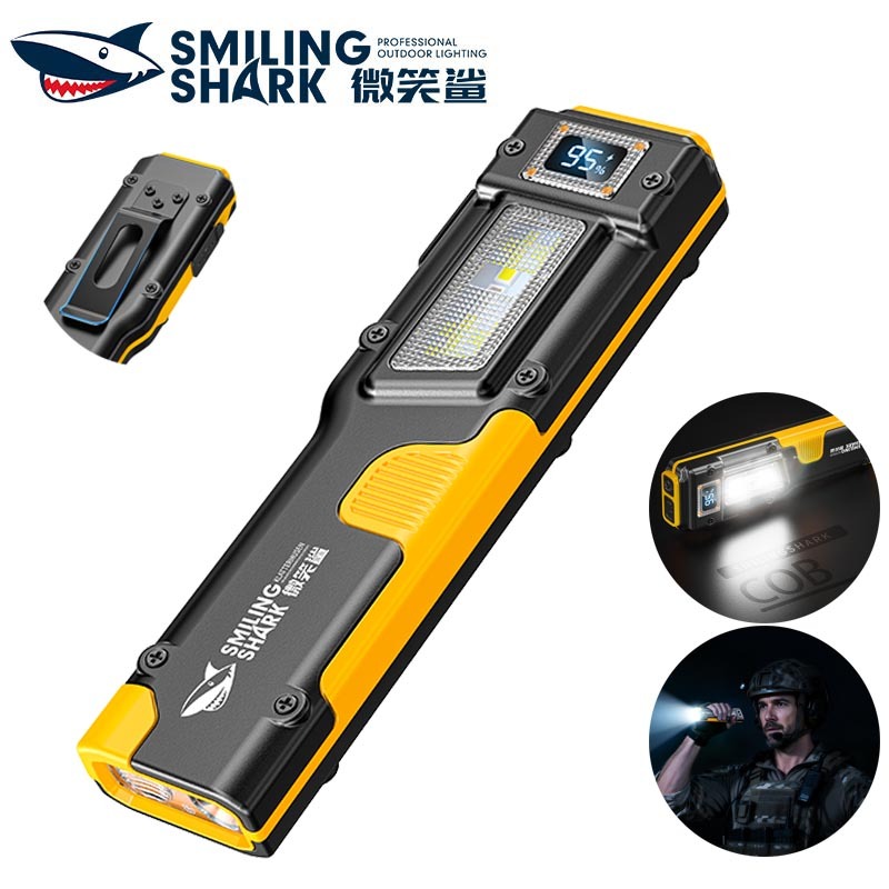 SmilingShark SD5457 ไฟฉาย led ซุปเปอร์ไบรท์ COB ไฟทำงาน ด้วย สวิตช์หาง คบเพลิง 8โหมด ไฟสีขาว/แดง/ม่วง Type-C ชาร์จใหม่ได้ การออกแบบคลิป สำหรับงานแคมป์ปิ้ง