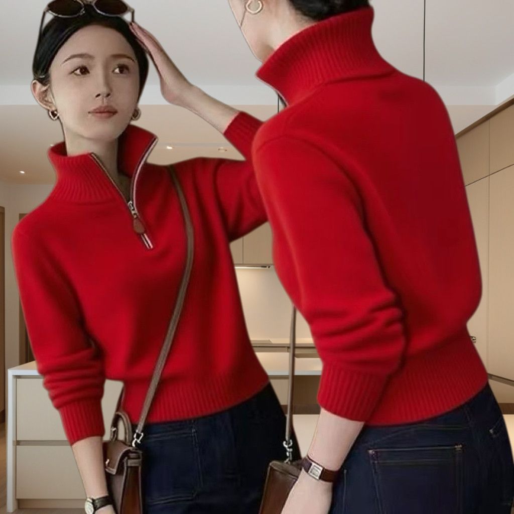 เสื้อกันหนาวผู้หญิงสไตล์มินิมอลสีแดง ครึ่งซิป คอวี พื้นที่เคลื่อนไหวสะดวก