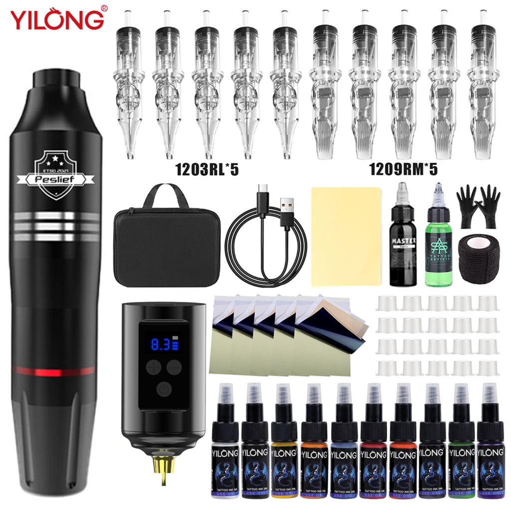 YILONG Professional Wireless Tattoo Pen Kit - 1500mAh Power Supply พร้อมเข็ม 10 ชิ้น & หมึกสี 10 สี 