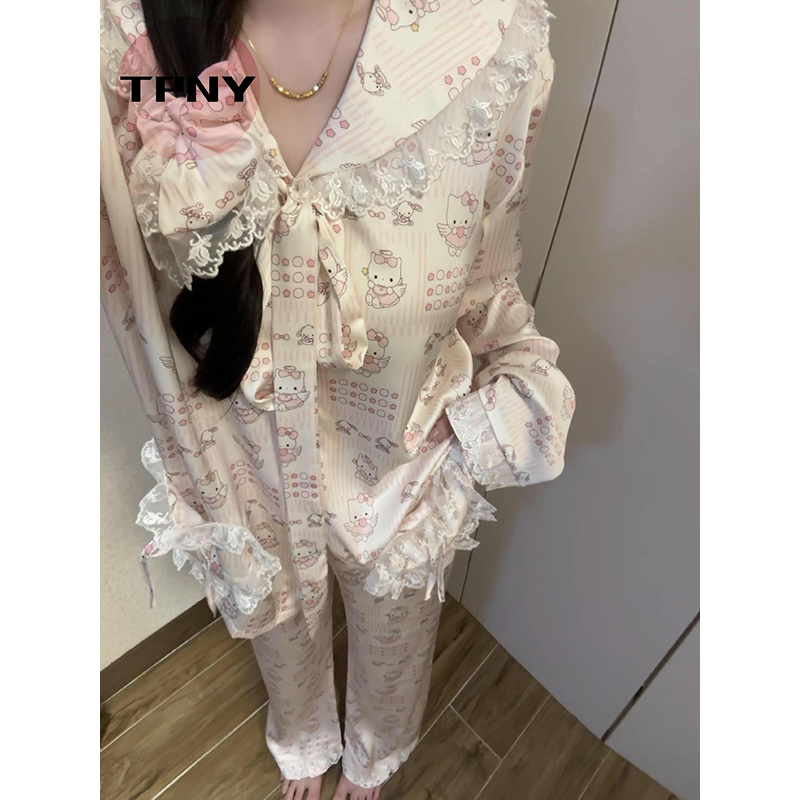 [TPNY] หวานลูกไม้ Trim Kitty ชุดนอนผ้าไหมน้ําแข็งผู้หญิงฤดูใบไม้ร่วงสไตล์ใหม่ชุดสูทขนาดใหญ่