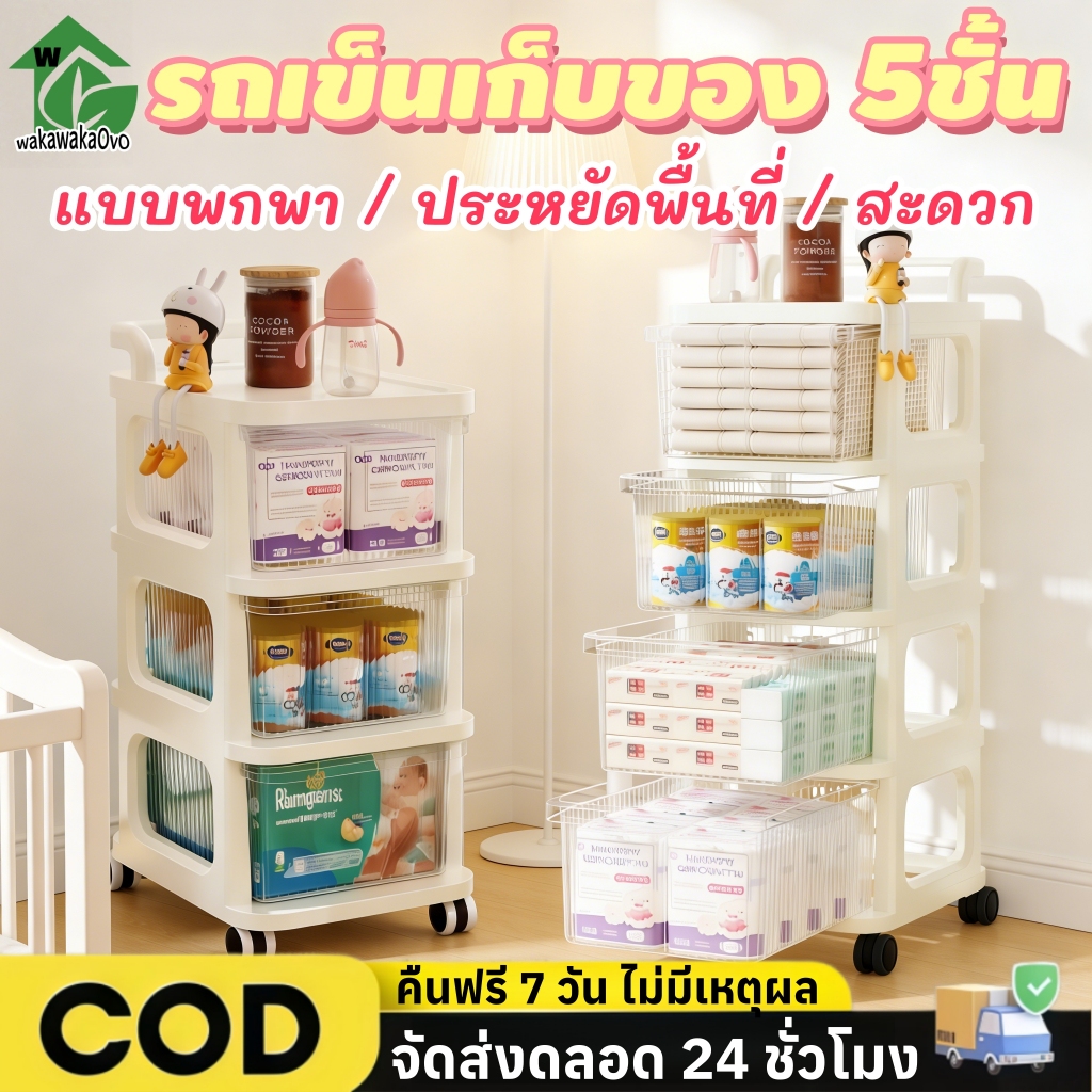 [COD]🚛ชั้นวางของ 5 ชั้นรถเข็นขนาดเล็ก รถเข็นขนาดเล็กอเนกประสงค์ ชั้นวางของอเนกประสงค์พร้อมรอก เคลื่อนย้ายได้พร้อมลิ้นชัก เหมาะสำหรับห้องนอนห้องนั่งเล่นห้องน้ำ