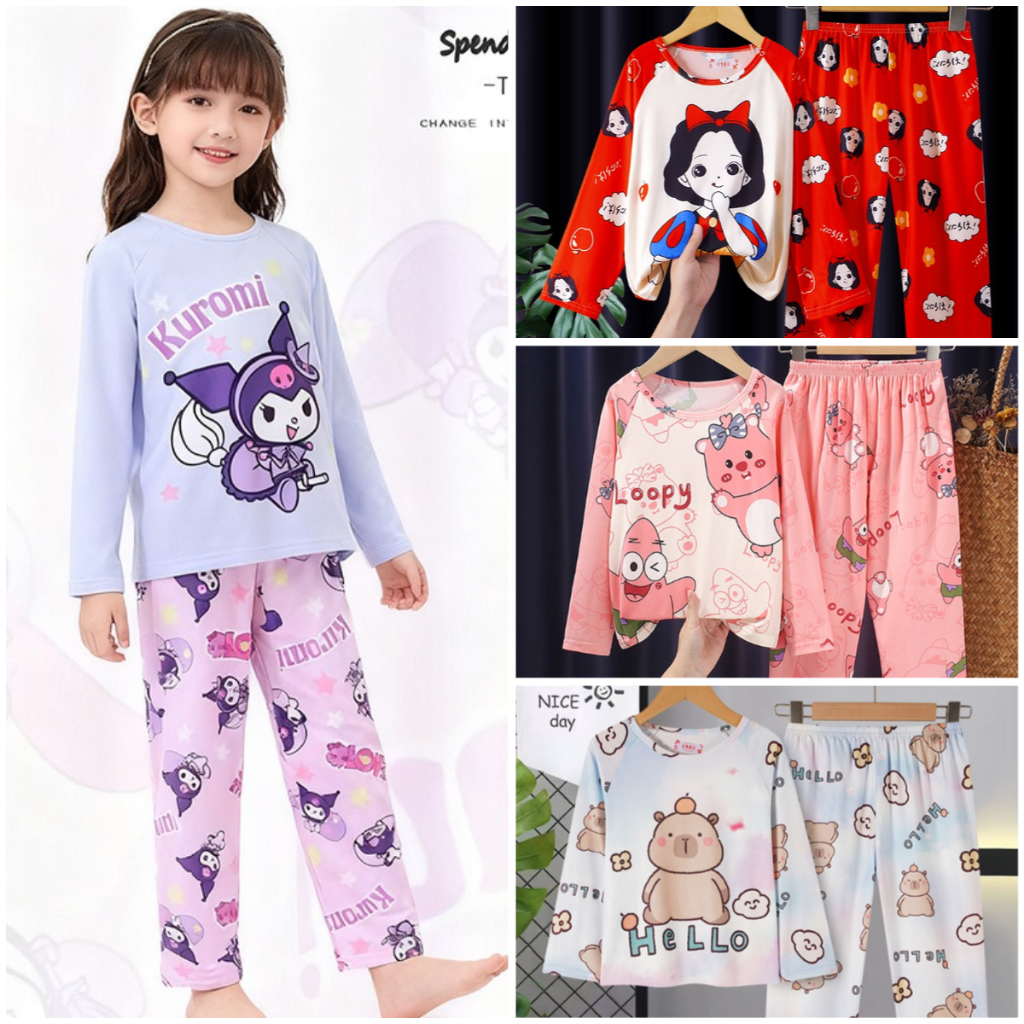 ชุดนอนแขนยาววัยรุ่นลายการ์ตูน เสื้อผ้ากลางคืนคอกลมโพลีเอสเตอร์สําหรับเด็กผู้หญิงสําหรับ 5 - 6 ปี