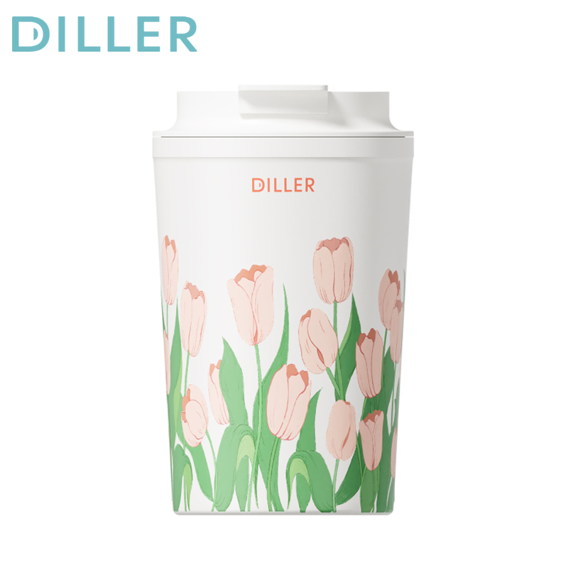Diller (12oz/350ml) แก้วกาแฟดอกไม้กระติกน้ําสูญญากาศสแตนเลสพร้อมฝาปิดเก็บความเย็นหรือร้อน D9493