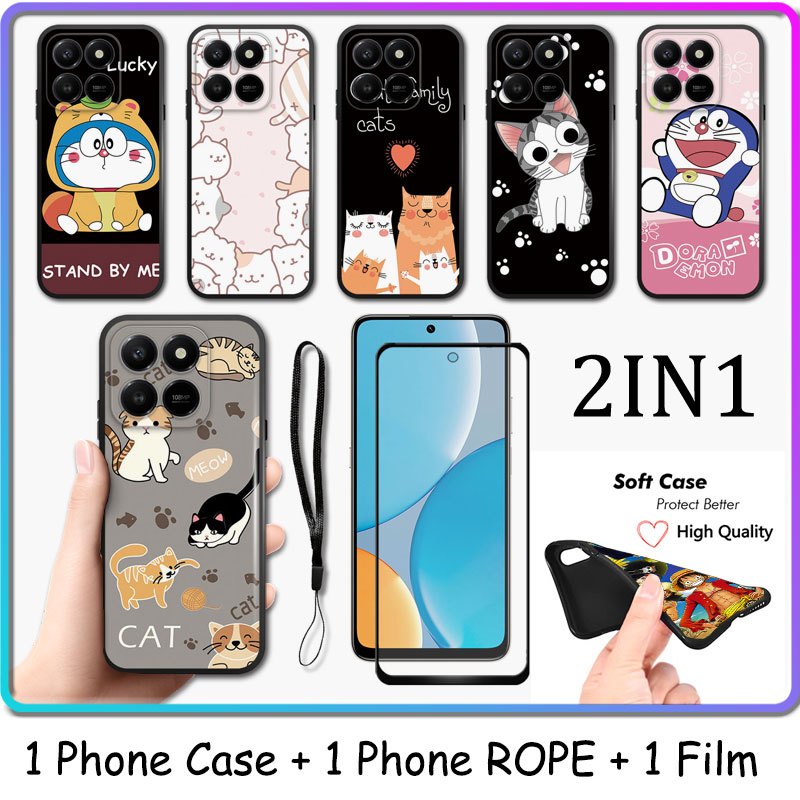 2 IN 1 สําหรับ Honor X7d 5G เคสโทรศัพท์เซรามิคกระจกเทมเปอร์ปกป้องหน้าจอ Cat และ Doraemon Design