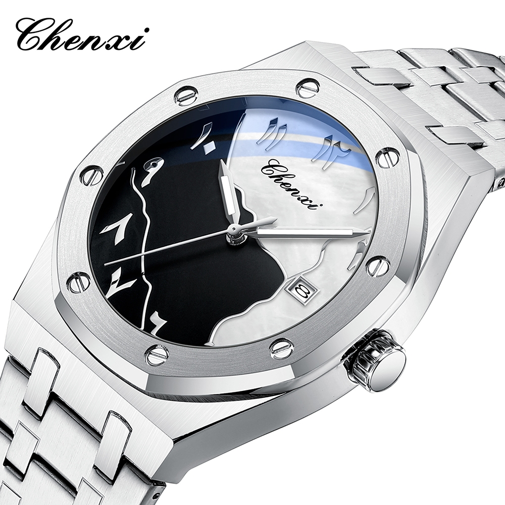 CHENXI นาฬิกาสําหรับ Man Quartz สแตนเลสเงินนาฬิกากันน้ํานาฬิกาผู้ชาย