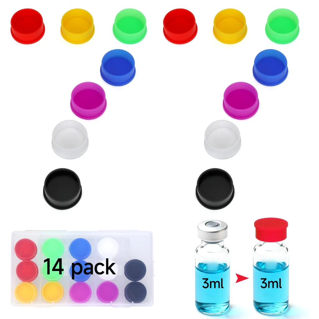 14 แพ็ค 3ml แก้ว Vials ป้องกัน Caps (7 สี) ซิลิโคนแบบใช้ซ้ําได้ Vial Caps สําหรับ 1ml 2ml 3ml 4ml แก้ว Vials, Weekly Organizer ชุด Caps