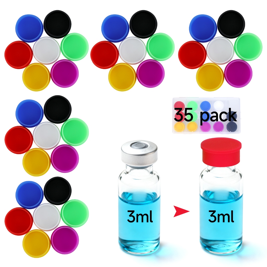 35 แพ็ค 3ml แก้วกันแสง 7 สี ซิลิโคนแบบใช้ซ้ําได้ ฝาปิดสําหรับขวดแก้ว 1ml–4ml ชุดจัดรายสัปดาห์