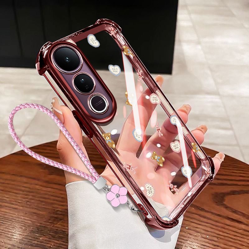 YBDเคสโทรศัพท์สําหรับVivo V70 Elite V70FE V60 Lite V60E Y200 Y300 V40 Lite V50/V50E V40 V30 Pro Clear Anti Drop Soft Shellน่ารักหมีแขวนเชือก