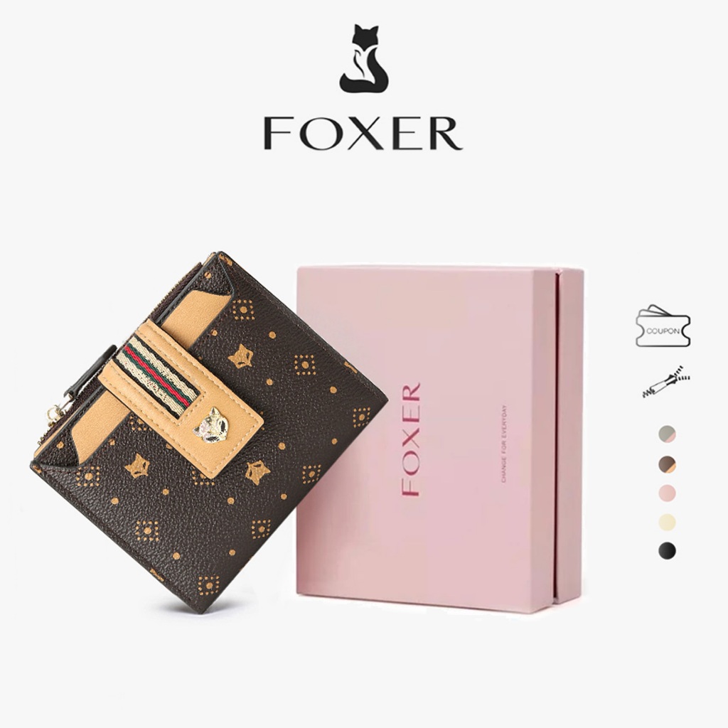 FOXER กระเป๋าสตางค์ใบสั้น กระเป๋าสตางค์พับสองทบ กระเป๋าใส่เหรียญหลายช่อง กระเป๋า