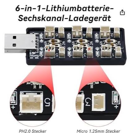 3.7V/4.2V Lipo Battery Charger - 1S Lipo 6 Channel LiHV JST Charger พร้อม USB และ Micro JST 1.25 JST