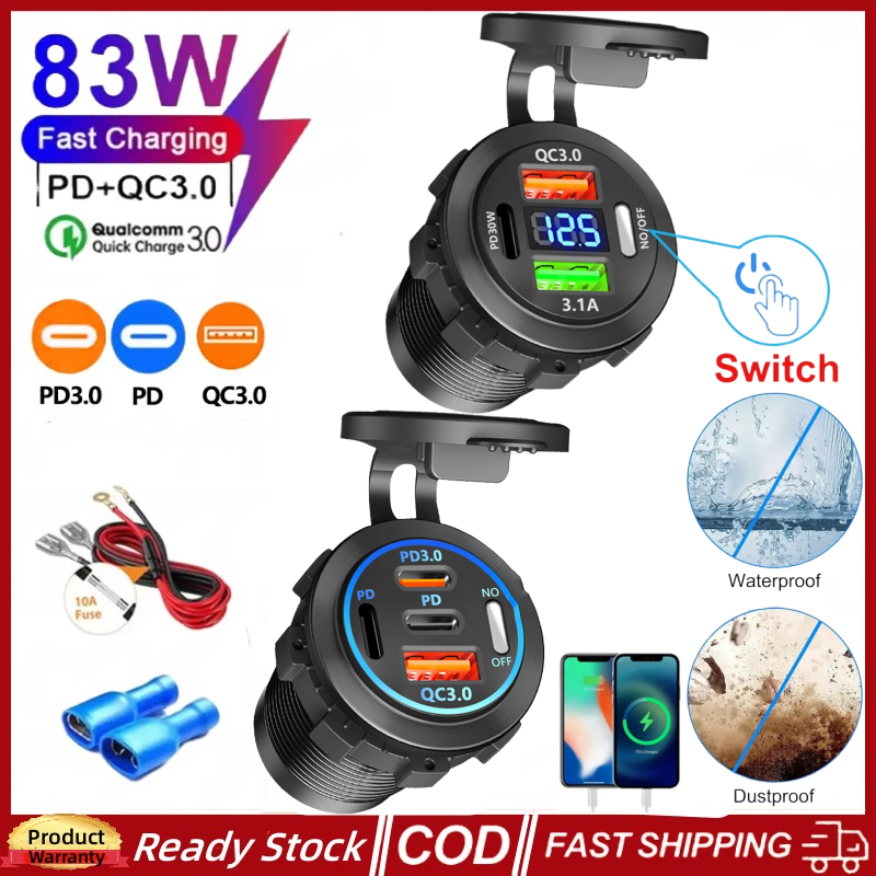 🚀ส่งจากไทย🚀83W PD QC3.0 USB3.1A รถ Fast Charger ซ็อกเก็ตโวลต์มิเตอร์และสวิทช์, 3/4 พอร์ต Fast Charger Socket Power Outlet อะแดปเตอร์กันน้ําสําหรับ 12 V/24 V รถเรือ
