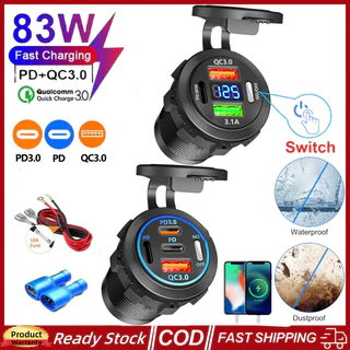 🚀ส่งจากไทย🚀83W PD QC3.0 USB3.1A รถ Fast Charger ซ็อกเก็ตโวลต์มิเตอร์และสวิทช์, 3/4 พอร์ต Fast Charger Socket Power Outlet อะแดปเตอร์กันน้ําสําหรับ 12 V/24 V รถเรือ