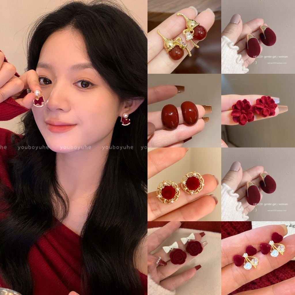 ต่างหูมุกโพนี่กํามะหยี่ สไตล์เกาหลี สีแดง สวยงามและสวมใส่ง่าย
