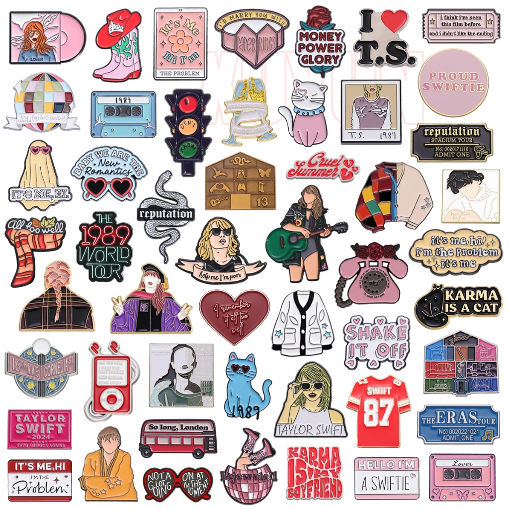 Taylor Swift เพลงอัลบั้มเคลือบ Pins เพลงเนื้อเพลงเข็มกลัดโลหะตั๋วคอนเสิร์ตพัดลมป้ายสะสมสําหรับกระเป๋าเป้สะพายหลังอุปกรณ์เสริมของขวัญ