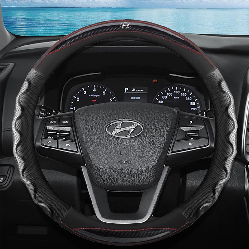 หนัง perforated พวงมาลัยคาร์บอนไฟเบอร์พวงมาลัย 37-38 ซม.สําหรับ Hyundai Stagazer Creta Accent Getz A