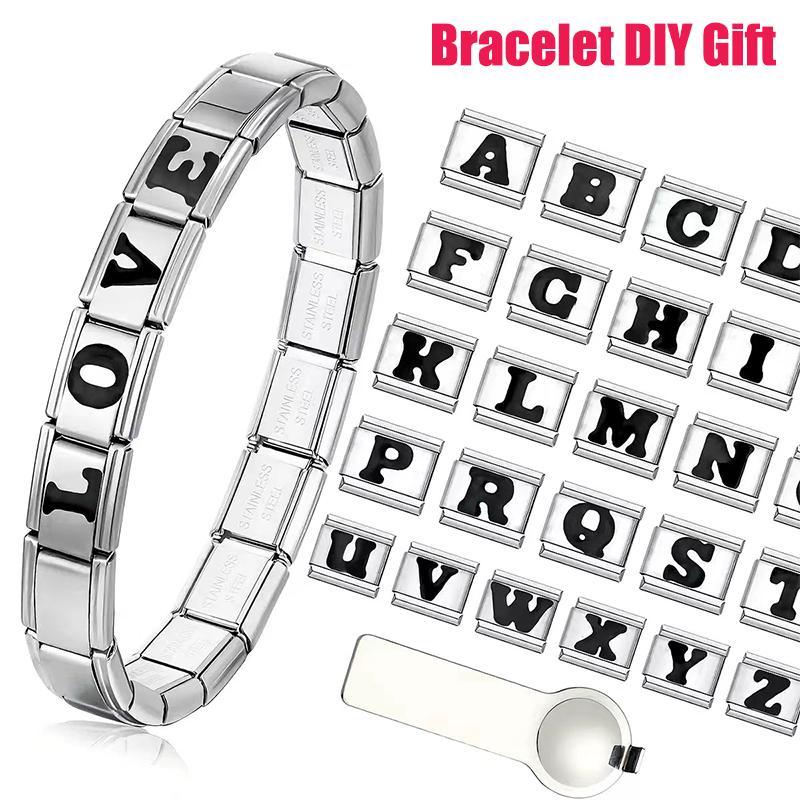 สร้อยข้อมือ DIY ลายอังกฤษ 26 ตัวอักษร ทำจาก titanium สีดำ สำหรับคนทุกวัย เป็นของขวัญที่สวยงาม