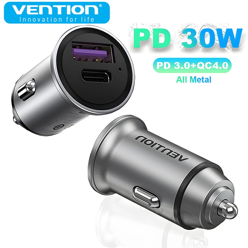 Vention New 30W Car Charger USB A + USB C Quick Fast Charging PD 3.0 QC 4.0 Type C Car Portable Char