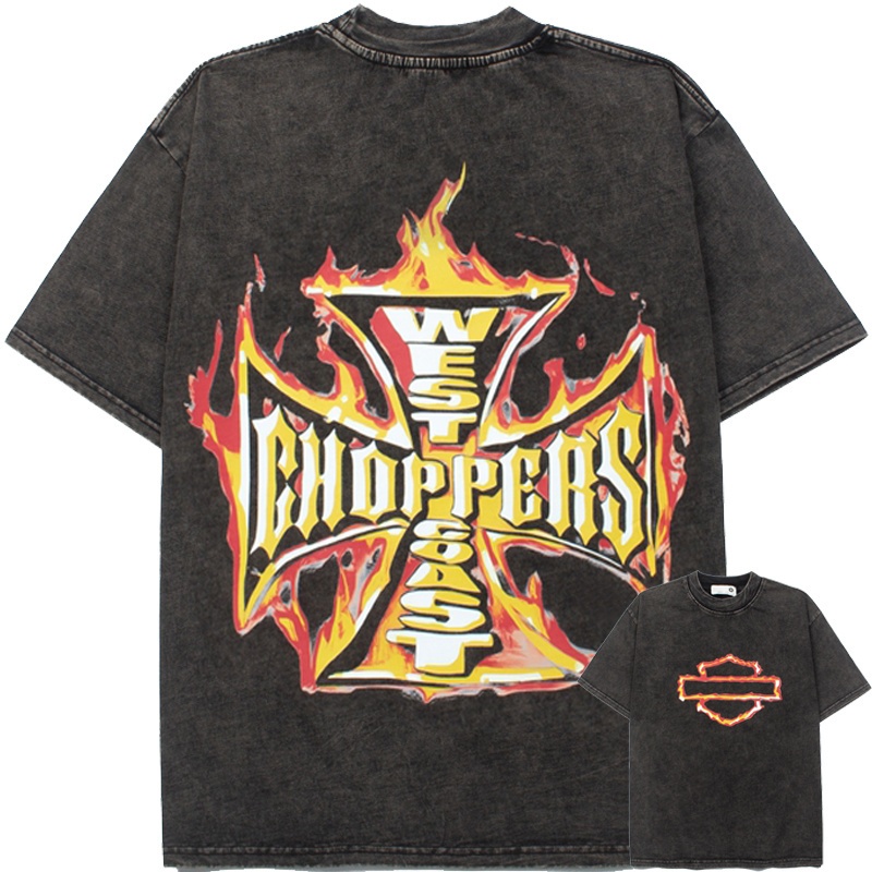 Street West Coast Saint West Coast Chopper Harley Flame Cross พิมพ์ล้างเสื้อยืดแขนสั้นย้อนยุคทุกข์