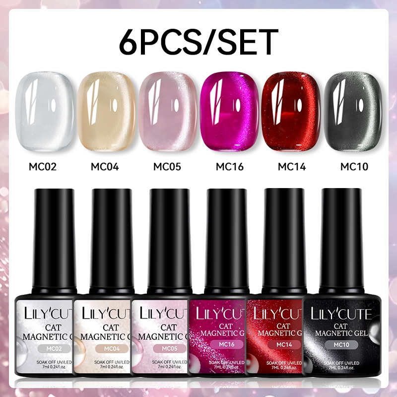 LILYCUTE 6 ชิ้น/เซ็ตแมวตาแม่เหล็กเจลเล็บแก้วลูกปัด Glitter ประกายกึ่งถาวร Soak Off UV เจลเคลือบเงา