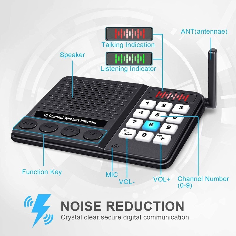พร้อมส่ง ระบบอินเตอร์คอมไร้สาย 10 ช่อง ระยะ 1K เมตร ไม่ต้องใช้แบตเตอรี่ สําหรับบ้าน ออฟฟิศ