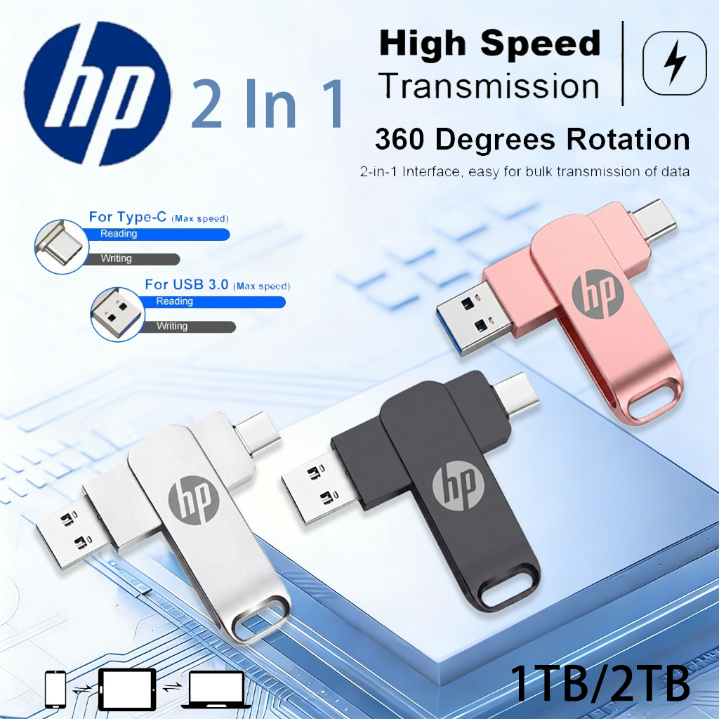 Typec 2 in 1 HP โทรศัพท์มือถือดิสก์ HP คุณภาพสูงไดรฟ์คู่หน่วยความจําแฟลช USB 3.2 1TB/2TB หน่วยความจําความเร็วสูง Stick Data Drive otg แฟลชไดรฟ์โลหะกันน้ําแบบพกพา