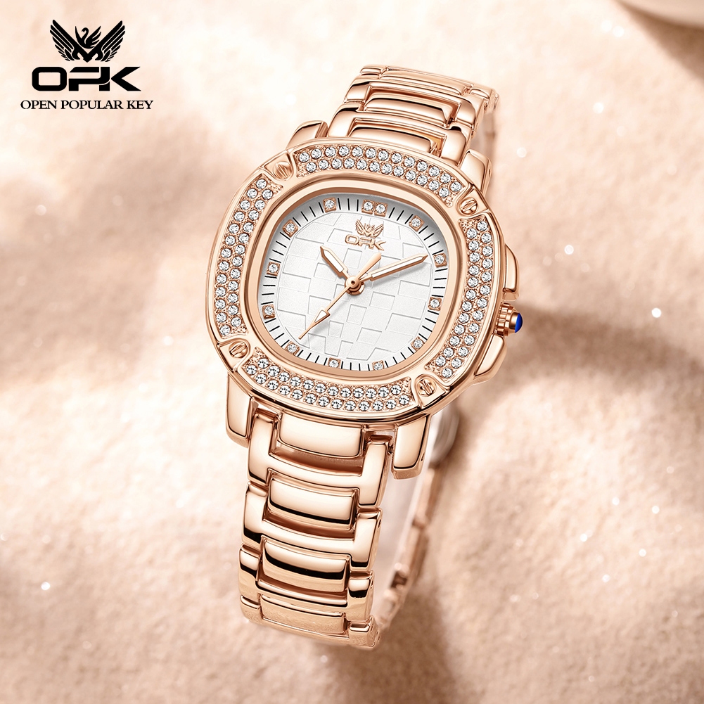 OPK นาฬิกาข้อมือผู้หญิง กันน้ํา 100% สแตนเลส แสง แฟชั่นสําหรับผู้หญิง เพชร นาฬิกาข้อมือ 6084