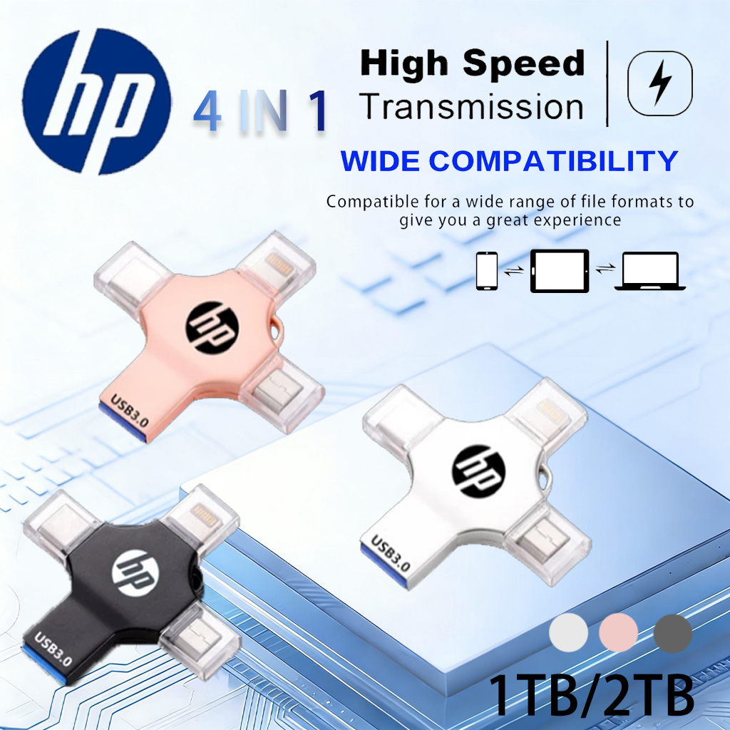 แฟลชไดรฟ์ความเร็วสูง hp 3.0 USB 4 in 1 2TB OTG 1TB/2TB กันน้ําสําหรับโทรศัพท์แท็บเล็ต Android PC แฟลชไดรฟ์ USB 3.0 Memory Stick OTG Pendrive