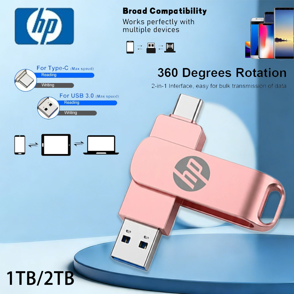 Type-C 2 in 1 HP โทรศัพท์มือถือ DiskFlash Drive Dual Drive Flash Memory USB 3.0 1TB/2TB หน่วยความจําความเร็วสูง Stick 64GB/1TB/2TB OTG แฟลชไดรฟ์โลหะกันน้ําแบบพกพา