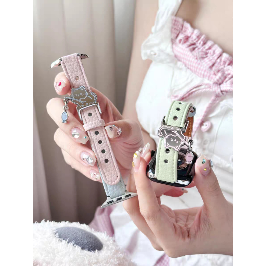 สายหนังสําหรับ Apple Watch band ผู้หญิงน่ารัก Series 11/10/9/8/7/6/5/4/3/2/1 SE 38 มม.40 มม.41 มม.42 มม.44 มม.45 มม.46 มม.49 มม.